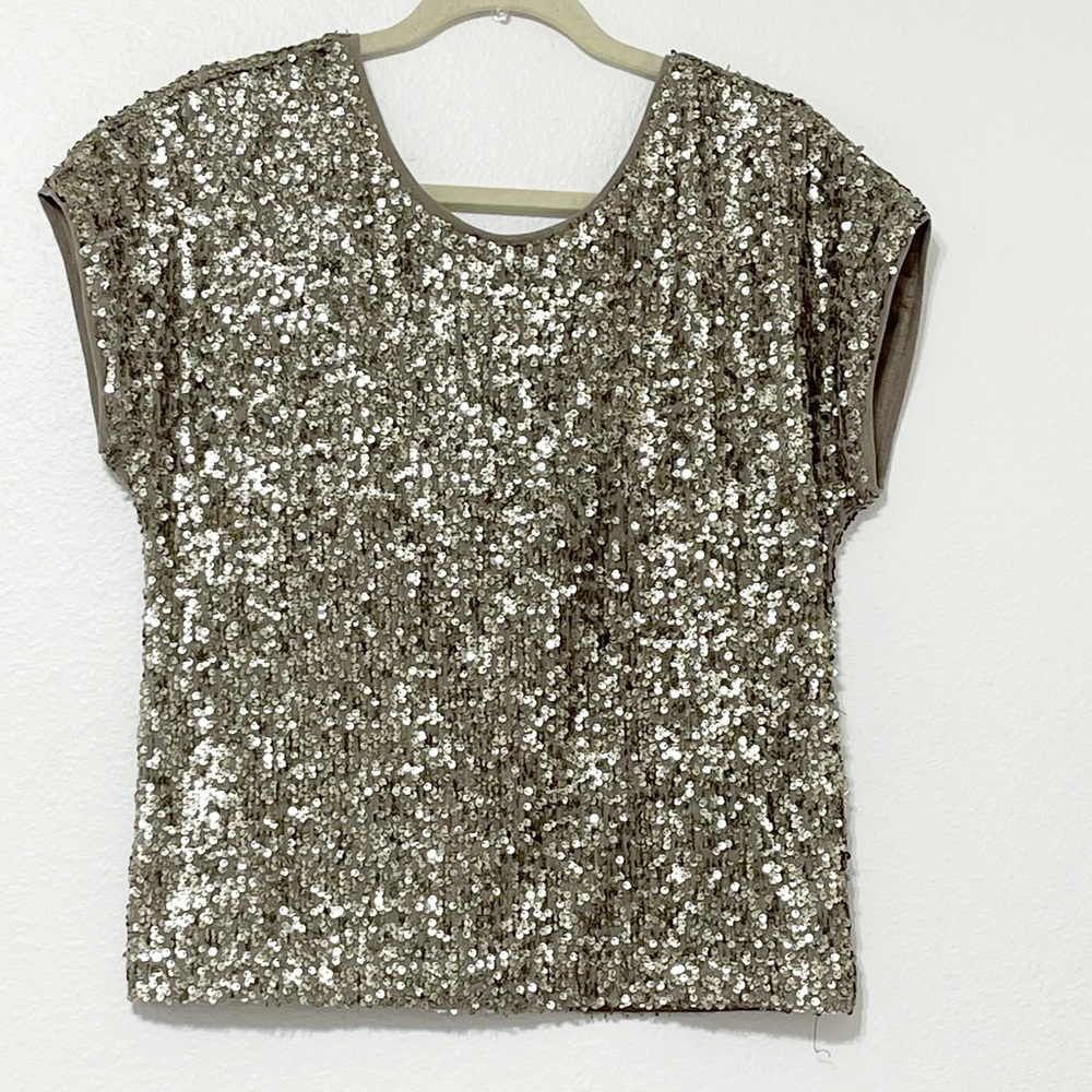 Like New Tart sequin scoop, V-neck mauve, tan color top size small